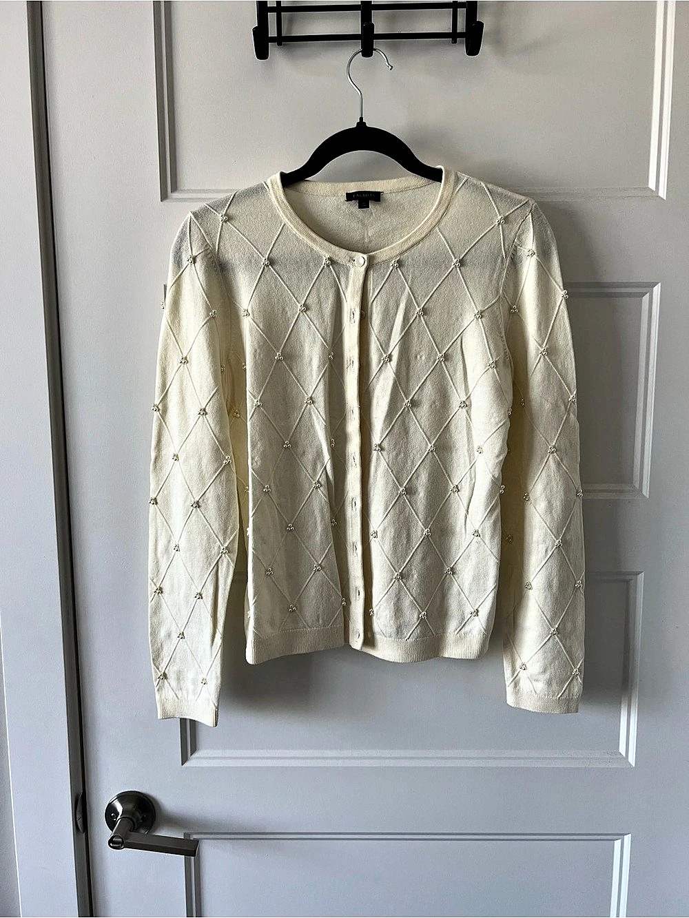 Talbots Pearl Embellished Diamond Lattice Cardigan Cream Small Like New